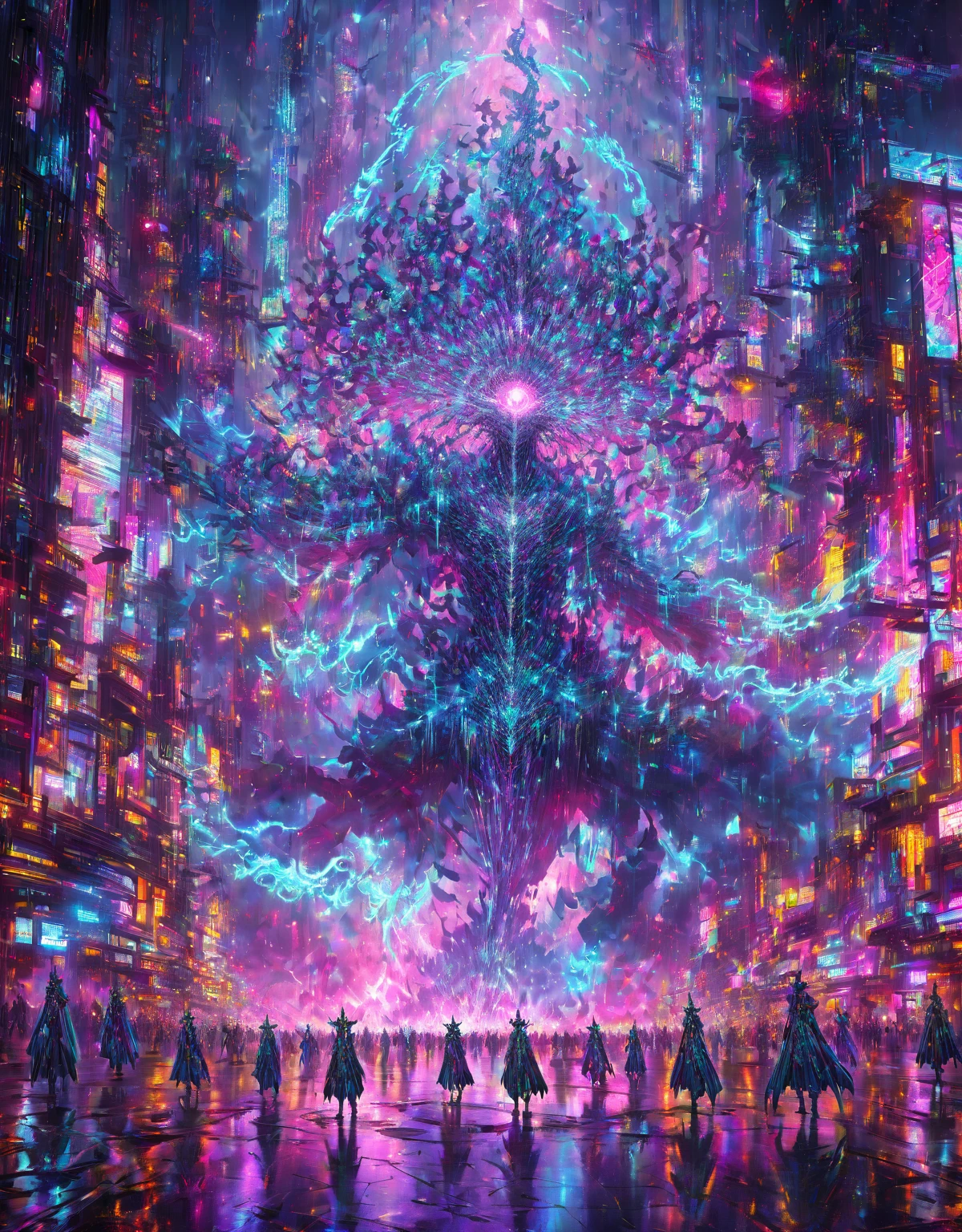 A towering, humanoid figure stands amidst the neon-lit streets of the eldritch city. Its body is composed of swirling, holographic data streams, its form constantly shifting and changing. Its eyes are glowing orbs of digital light, radiating an intense, otherworldly energy. The figure, known as Decode Talker, is a powerful entity from the digital realm, summoned into this physical world through a complex ritual. Its body is covered in intricate, glowing runes and symbols that pulse with energy. Its hands emit streams of neon-colored data, forming holographic weapons and shields. Decode Talker's presence is both awe-inspiring and intimidating. Its power is immense, capable of bending reality itself. Its eyes pierce through the darkness, illuminating the city with its digital light. The scene should capture Decode Talker's otherworldly presence and its connection to the digital realm, illustrated in a Yu-Gi-Oh! card style, with vibrant glowwave colors and intricate details.