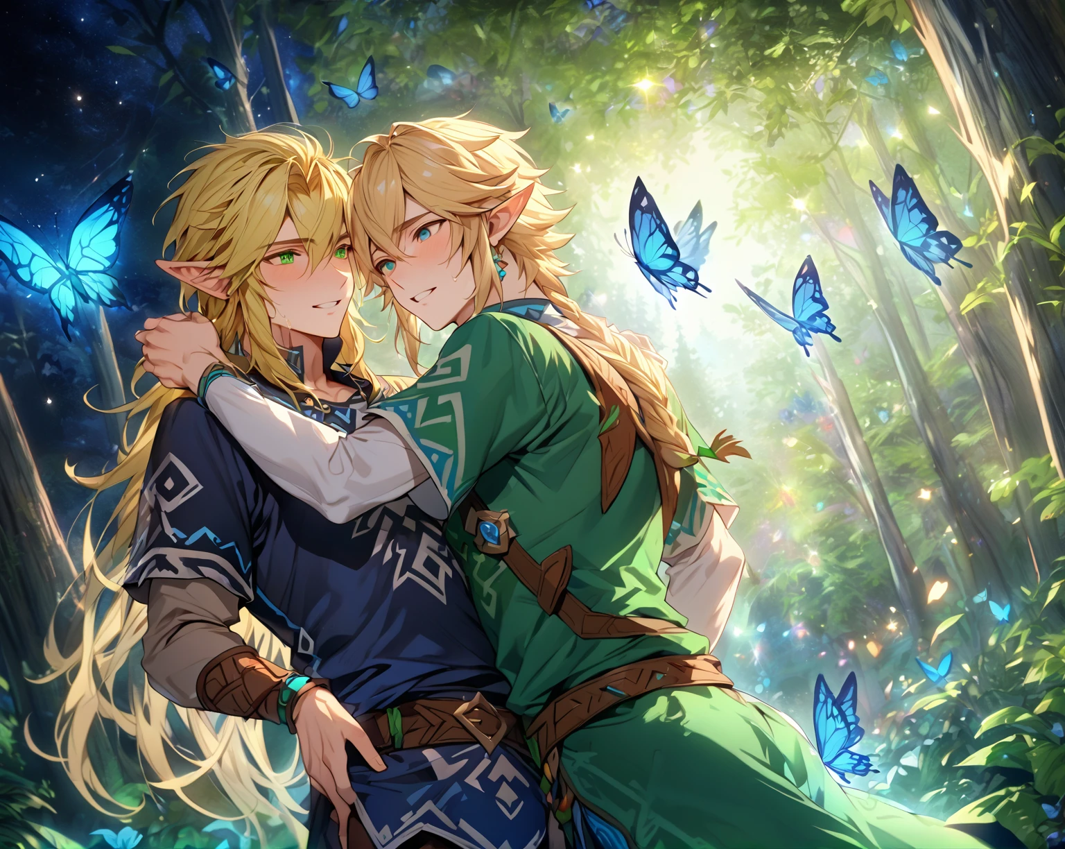 absurdres, highres, ultra detailed, HDR, master piece, Link, blonde hair, expressive green eyes, blue clothes, Link, blonde hair, expressive blue eyes, blue clothes, two man together, gay couple, yaoi, in love, best quality, The Legend Of Zelda (Breath Of Wild), fantasy, magical, sensual, glittering, accessories, handsome, adult face, blue moon, starry sky, night, blue butterflies, forest, shining