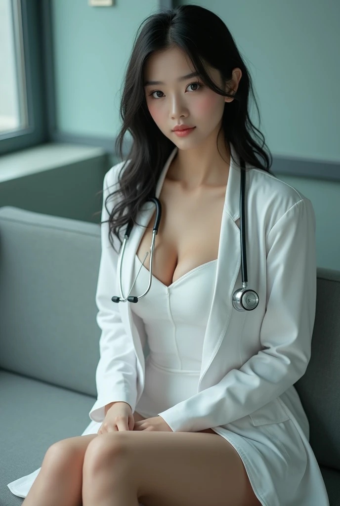 (Realistic:1.4), Highest quality, masterpiece, Ultra-high resolution,
"High-quality photo look、Walking down a bright and clean hospital corridor、A beautiful female doctor wearing a short white coat。She has big breasts and you can see her cleavage and black stockings through the gap in her white coat.。She has a professional look、I have a file in my hand。In the background of the corridor、Several examination room doors and medical equipment are visible.。Natural light、The overall atmosphere is bright and calm。Realistic texture and detailed depiction。