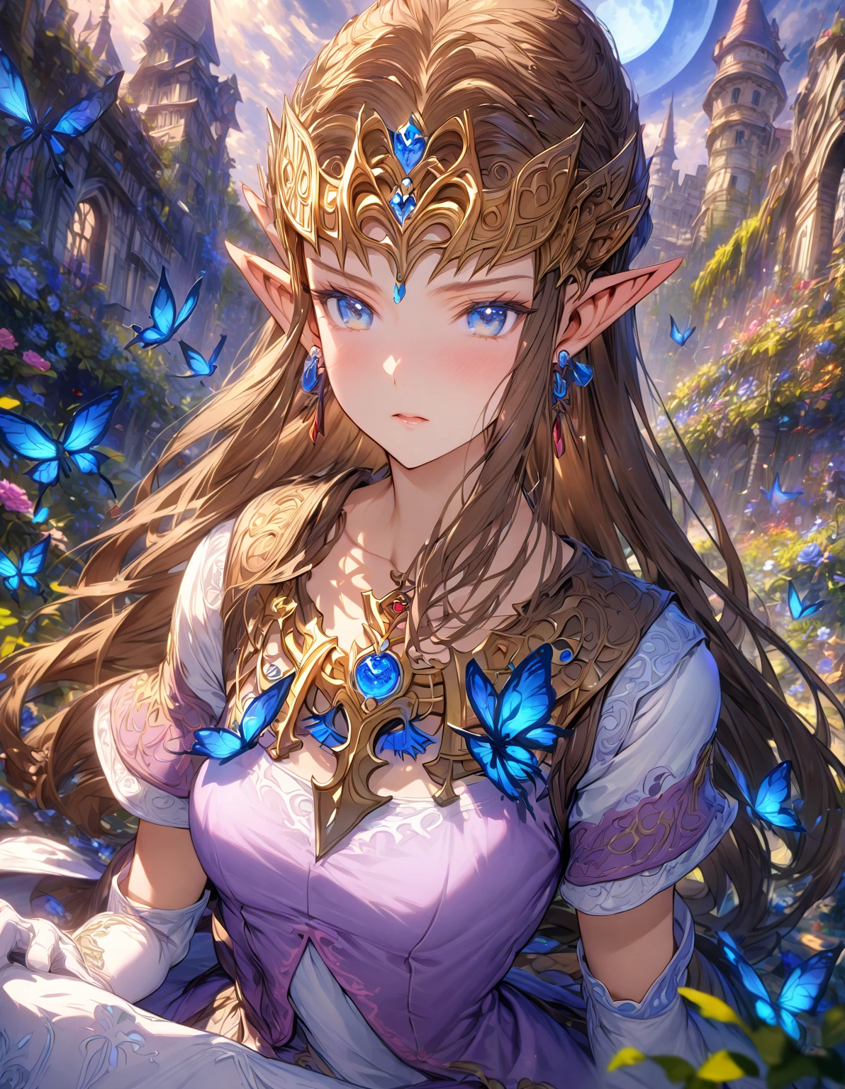 absurdres, highres, ultra detailed, HDR, master piece, best quality, extremely detailed, detailed face, Princess Zelda, dark brown hair, expressive blue eyes, The Legend Of Zelda Twilight Princess, solo, woman, beautiful, earrings, purple vest, white dress, elbow white gloves, garden, blue flowers, blue butteflies, fantasy, magical, blue moon, castle