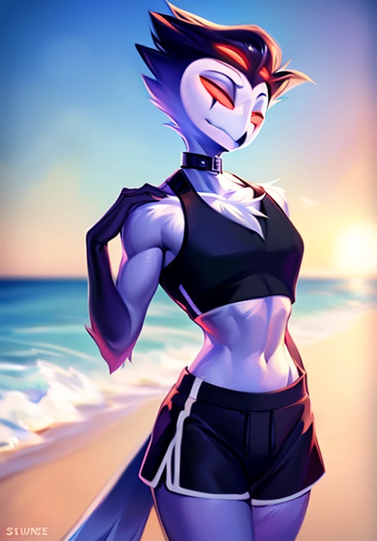 por zackary911,by Chunie,(by place:1.2),by kiyosan,by sigma,((masterpiece)), ((8K quality)), (without watermark), stolas, male, Closed mouth, ((beach background)), sunset, standing, chest forward, Shorts, another hand at his side, (Alone:1.4), pulcro, bright, male body, ((crop tops:1.5)), ((Slim body)), ((broad shoulders:1.5)), ((sexy belly:0.5)), showy, vibrant colors, take off makes, perfect lighting, perfect shadows, Perfect eyes, perfect face, Global light, (decolaed background, depth of field), (4k, 2k, shading, absurd resolution)