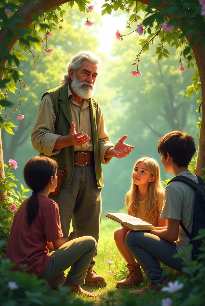 Professor teaching children under a tree drawing 
