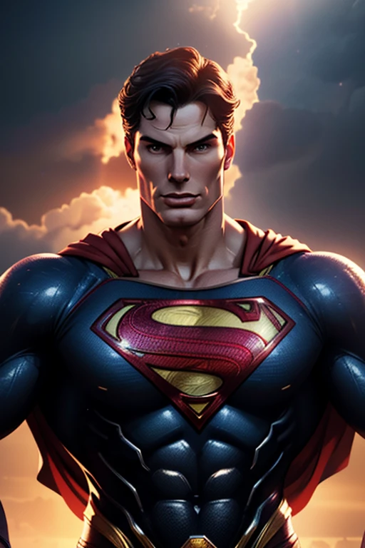 a photorealistic 3D render of Christopher Reeve as Superman, masterpiece, anatomically correct, precise, high quality, high detail, inspired by the cover art for Superman Man of Steel, detailed face and muscular body, dramatic lighting, epic cinematic composition, vibrant colors, hyperrealistic