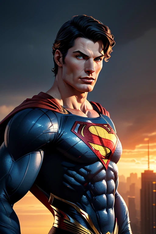 a photorealistic 3D render of Christopher Reeve as Superman, masterpiece, anatomically correct, precise, high quality, high detail, inspired by the cover art for Superman Man of Steel, detailed face and muscular body, dramatic lighting, epic cinematic composition, vibrant colors, hyperrealistic