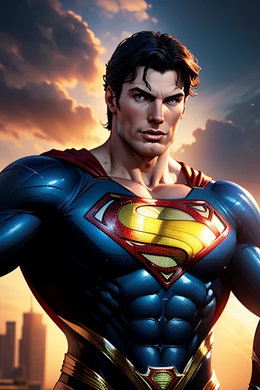 a photorealistic 3D render of Christopher Reeve as Superman, masterpiece, anatomically correct, precise, high quality, high detail, inspired by the cover art for Superman Man of Steel, detailed face and muscular body, dramatic lighting, epic cinematic composition, vibrant colors, hyperrealistic