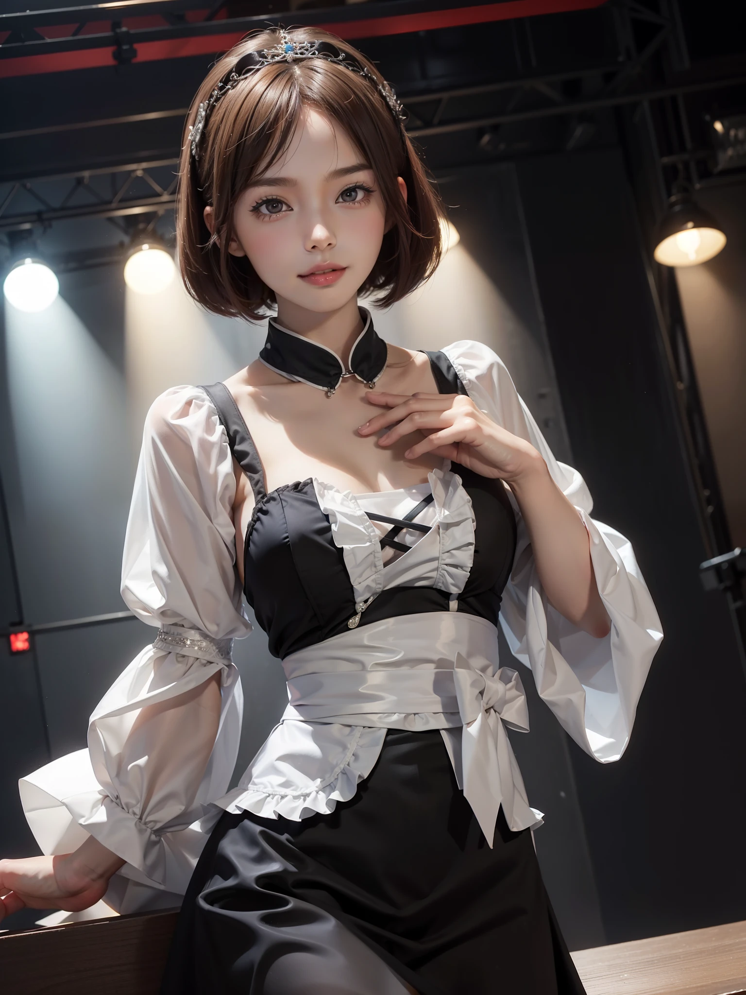 1womanl,(realisticlying,realisticlying:1.5),(tmasterpiece),(best qualtiy:1.4),(hyper HD:1.2),(RAW photogr:1.2),(sharpfocus:1.3),(Face focus:1.2),japanaese girl,Professional clothing,(young :1.1),(joyful smile:1.5),(Hairy cuts:1.6),(Japanese idol costume white,Black and pink:1.4),(beautyface:1.7),(Beautiful dress in detail:1.4),Gothic maid,(Professional photos of Japanese girls), middlebreast, (: 1.3), (Wide open chest),short detailed hair, (Detailed redheads), (twosideup), (peeping at the viewer: 1.2), (Music DJ cover art: 1.1), ( Music Design Art Stage: 1.4), (simple grey background: 1.6), Gorgeous golden lights, Break, (The large), beatiful detailed eyes, (adolable)