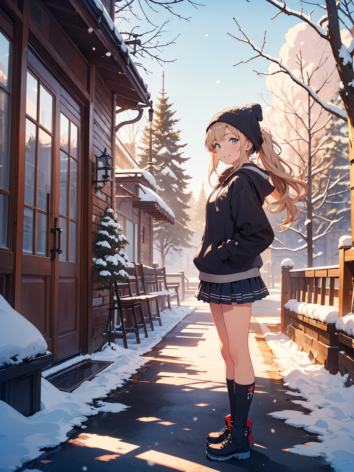 ( masterpiece), best quality, expressive eyes, perfect face, highres, moody angle, medium breast, full body, solo, Buoyant Smile, 1girl, zetadef, twintails, Fleece-lined hoodie, Leggings, Snow boots, Knit beanie, Cozy and warm, Snowy winter landscape, Checked mini skirt, background, ( Riverside Street, tranquil river, lush trees, dappled sunlight, historic buildings, charming cafes, outdoor seating, picturesque bridge) outdoor, snow, standing, 