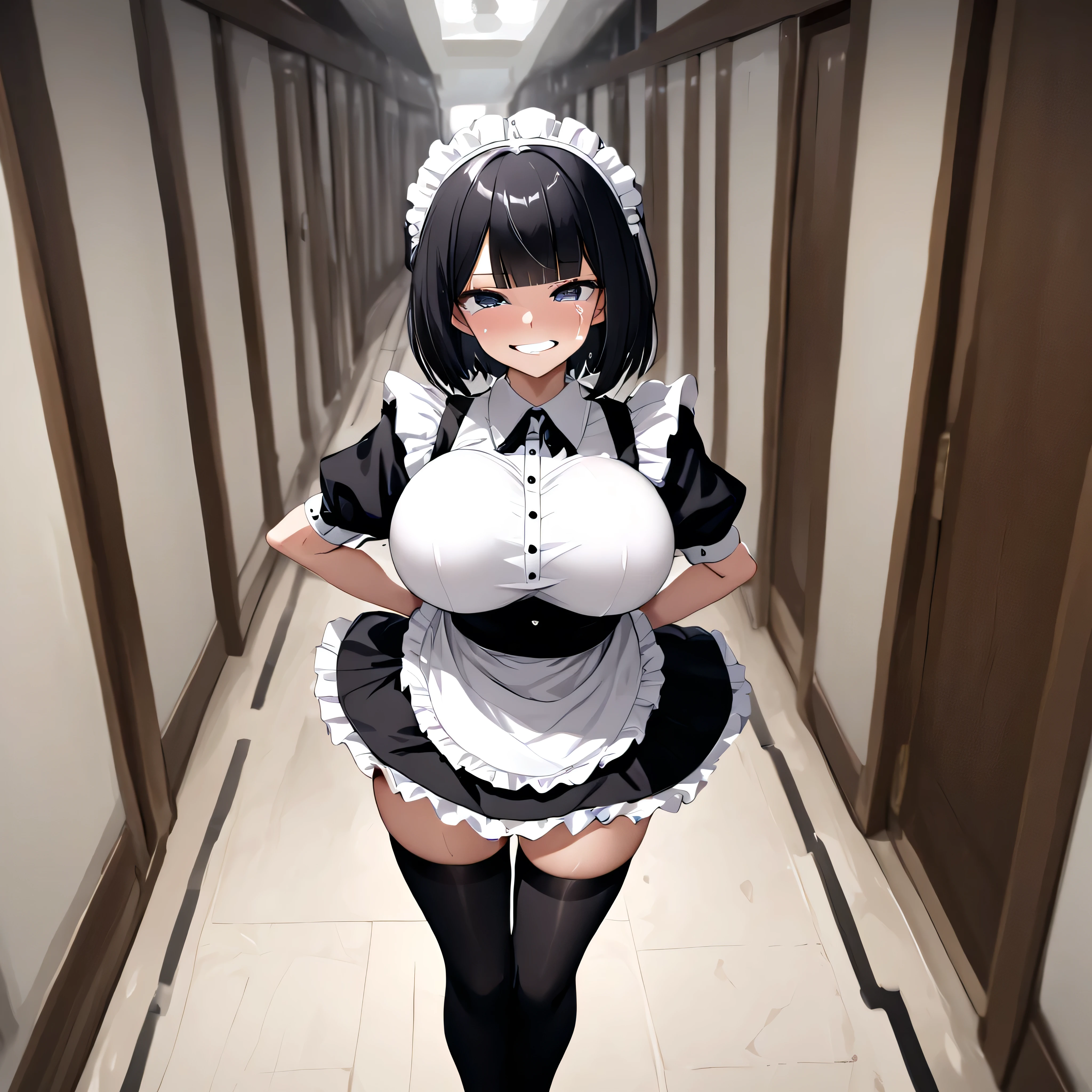 (solo), (1 skinny girl standing at round hallway alone), (curtsey:1.3), (closing the sides), looking at viewer, forced smile, tears, BREAK, black bob cut, blunt bangs, (violently bouncing huge breasts:1.2), bursting huge breasts, narrow shoulders, (very short torso), skinny narrow waist, (long skinny legs), (skinny thighs:1.2), BREAK, (maid dress), (pull up own short skirt:1.2), thigh gap, show off white lowleg panty, (inky-black thighhighs:1.1), BREAK, nsfw, vagina squirting excessive pussy juice through panty, orgasm