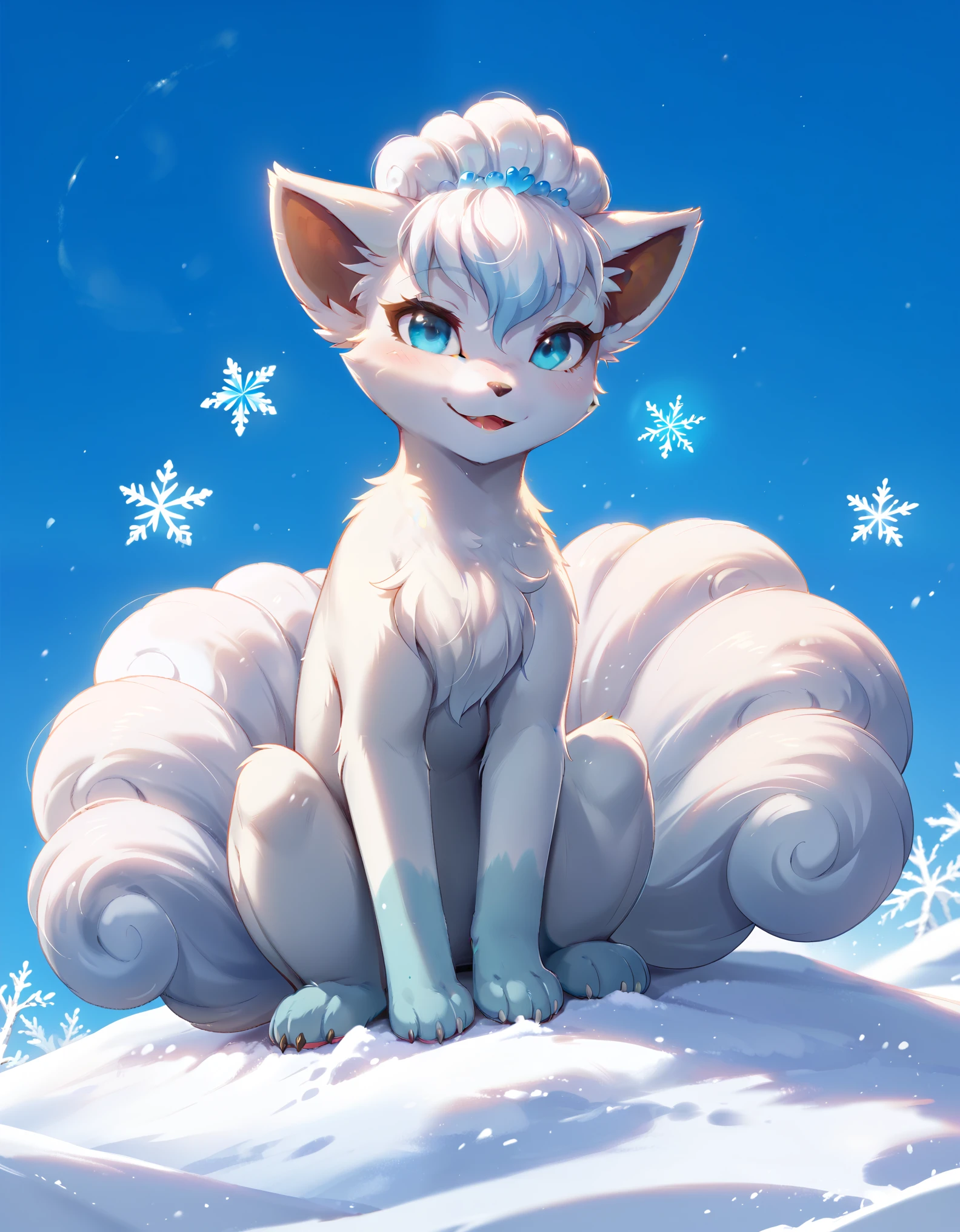 twokinds, tkstyle,,  score_9,score_8_up,score_7_up, portrait,feral,full body,epic,gradient background,sitting, alolan vulpix,snow background