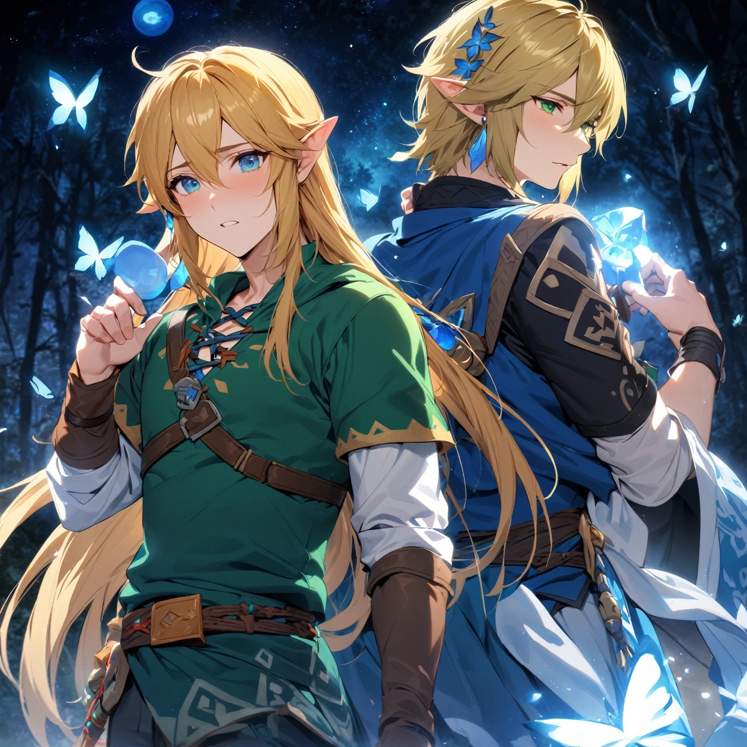 absurdres, highres, ultra detailed, HDR, master piece, Link, blonde hair, expressive green eyes, blue clothes, Link, blonde hair, expressive blue eyes, blue clothes, two man together, gay couple, yaoi, in love, best quality, The Legend Of Zelda (Breath Of Wild), fantasy, magical, sensual, glittering, accessories, handsome, adult face, blue moon, starry sky, night, blue butterflies, forest, shining