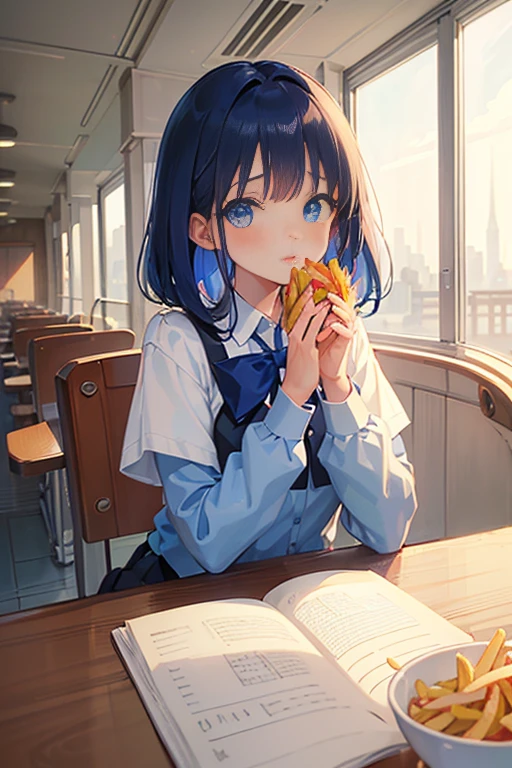 (((beautiful detailed)))(cute face:1.2)1girl, A girl stuffing her face with french fries, Girl crying while eating a pile of french fries, Inside a 1950s-style diner, 1950s-style interior, Navy blue hair, blue eyes, A short-sleeved white shirt with four vertical bow ties, Ahoge, long bob cut with fluffy hair(sharp lines:1.2)(clear line:1.2)(eye details:1.3)(thick border:1.4) animation cel style,ligne claire, limited palette((masterpiece, high quality, best quality))(low contrast: 0.5),Anna yanami, blue hair, blue eyes, school uniform, makeine, too many losing heroines,Watercolor style, watercolor pencil, paper texture,90s style,Anna yanami, blue hair, blue eyes, school uniform, makeine, too many losing heroines,
