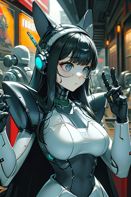 (masterpiece),(Best quality),(Very detailed),(Best illustration),(The best shadow),(Outrageous),(Detailed background),(So beautiful), 16k, 8k, 4K,(The best shadow),Robotization,female ,big breasts,Robot Joint ,Metal skin,Black robot suit,Long hair,a black suit that covers the whole body Robot hand,Cyber Bodysuit,Mecca Head,Robotization, Transform into a robot,(Hands and fingers are depicted in detail:1.2),Perfect anatomy,Cybernetic Girl,Sci-Fi Armor,cyborg girl,The wires are connected to the back of the main unit..,No exposed skin,(A carved face like a robot),Neck made of wire,a chunky suit,mechanical face mask,mechanical mask,usb fort beside of neck,metal mask,robotic mask