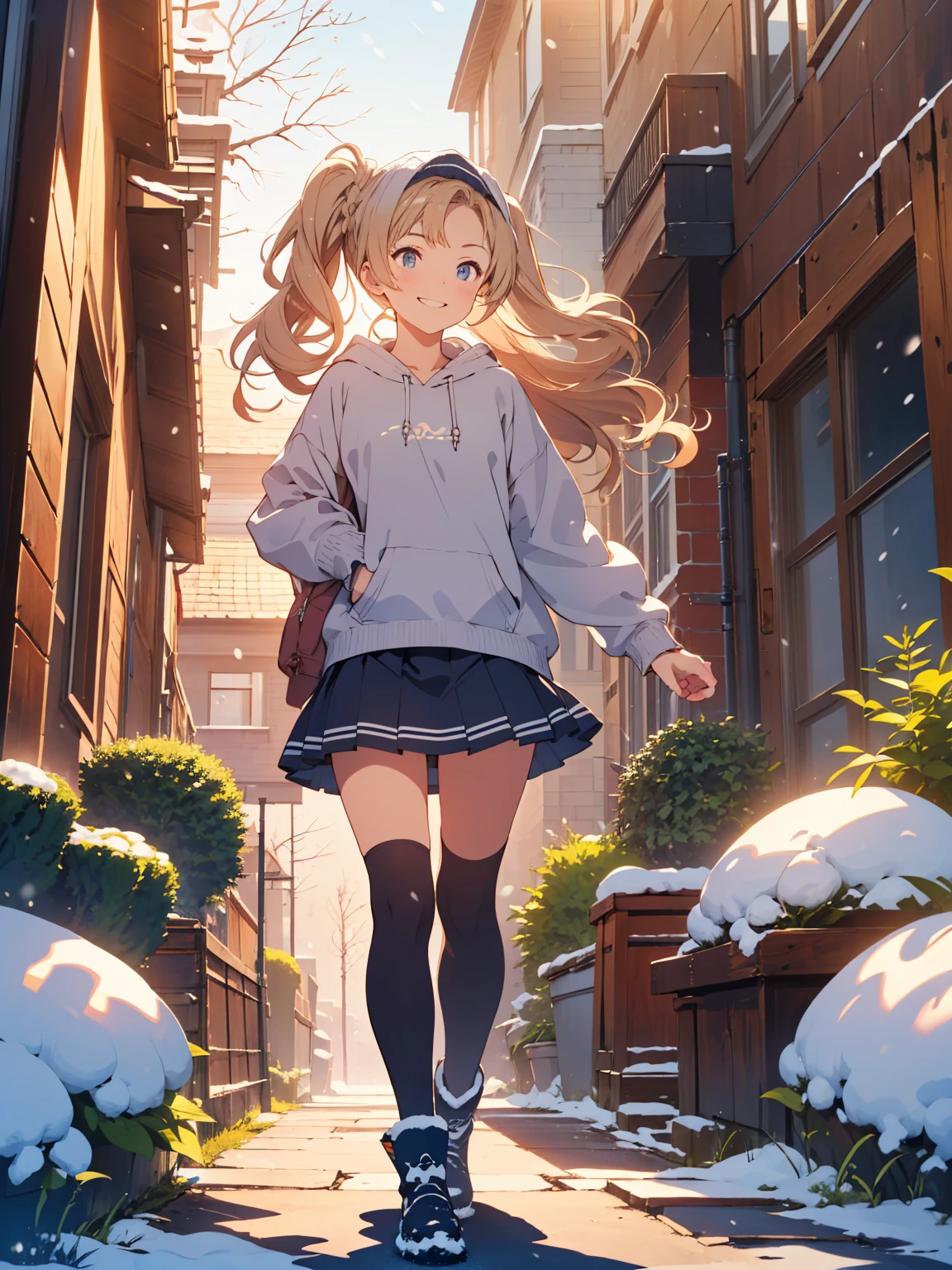 ( masterpiece), best quality, expressive eyes, perfect face, highres, moody angle, medium breast, full body, solo, Buoyant Smile, 1girl, zetadef, twintails, Fleece-lined hoodie, Leggings, Snow boots, Knit beanie, Cozy and warm, Snowy winter landscape, Checked mini skirt, background, ( Riverside Street, tranquil river, lush trees, dappled sunlight, historic buildings, charming cafes, outdoor seating, picturesque bridge) outdoor, snow, standing, 