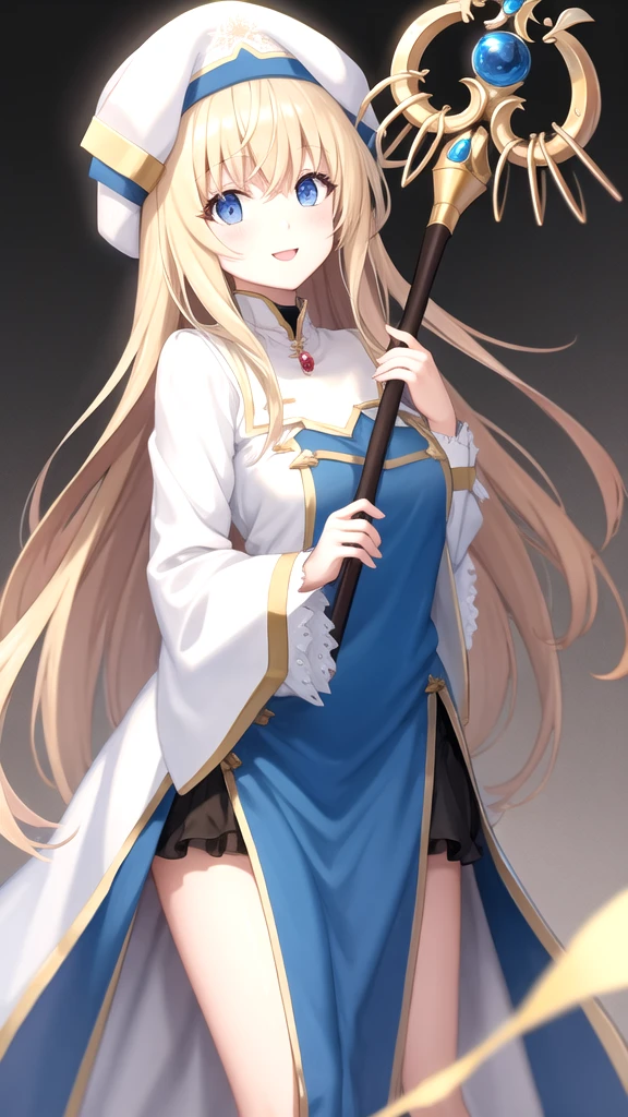 priestess \(goblin slayer\), blonde hair, long hair, blue eyes, white headwear, staff, holding staff