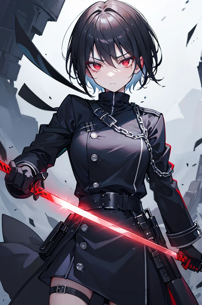 Face through torso, 1man, short hair (black hair, hair over eyes), red eyes (narrow and sharp, no highlight), scoffing face, shadow cast over upper face, dangerous atmosphere, dual swords sheathed at back waist, black sweater as innerwear, long navy trench coat (buttoned, reaching below knees), multiple belt and chain decorations around the coat, one hand resting on the hilt of a sword, bounty hunter.