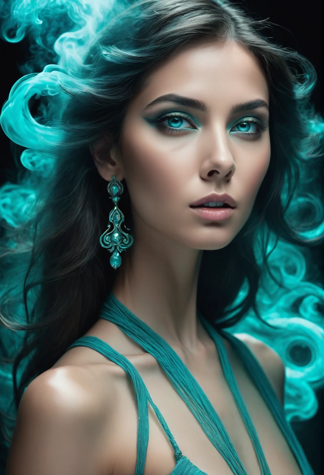 A majestic work of art, a woman, intricately detailed, with an intense, piercing gaze emanating from her singular, striking eye, set against a backdrop of ethereal, swirling blue smoke that appears to shift and undulate as if alive, illuminated by a cinematic lighting scheme that casts dramatic, high-contrast shadows and highlights, evoking a sense of mystery and the otherworldly, with each element expertly rendered in exquisite, high-definition detail, exuding a sense of artistic mastery and visual sophistication.