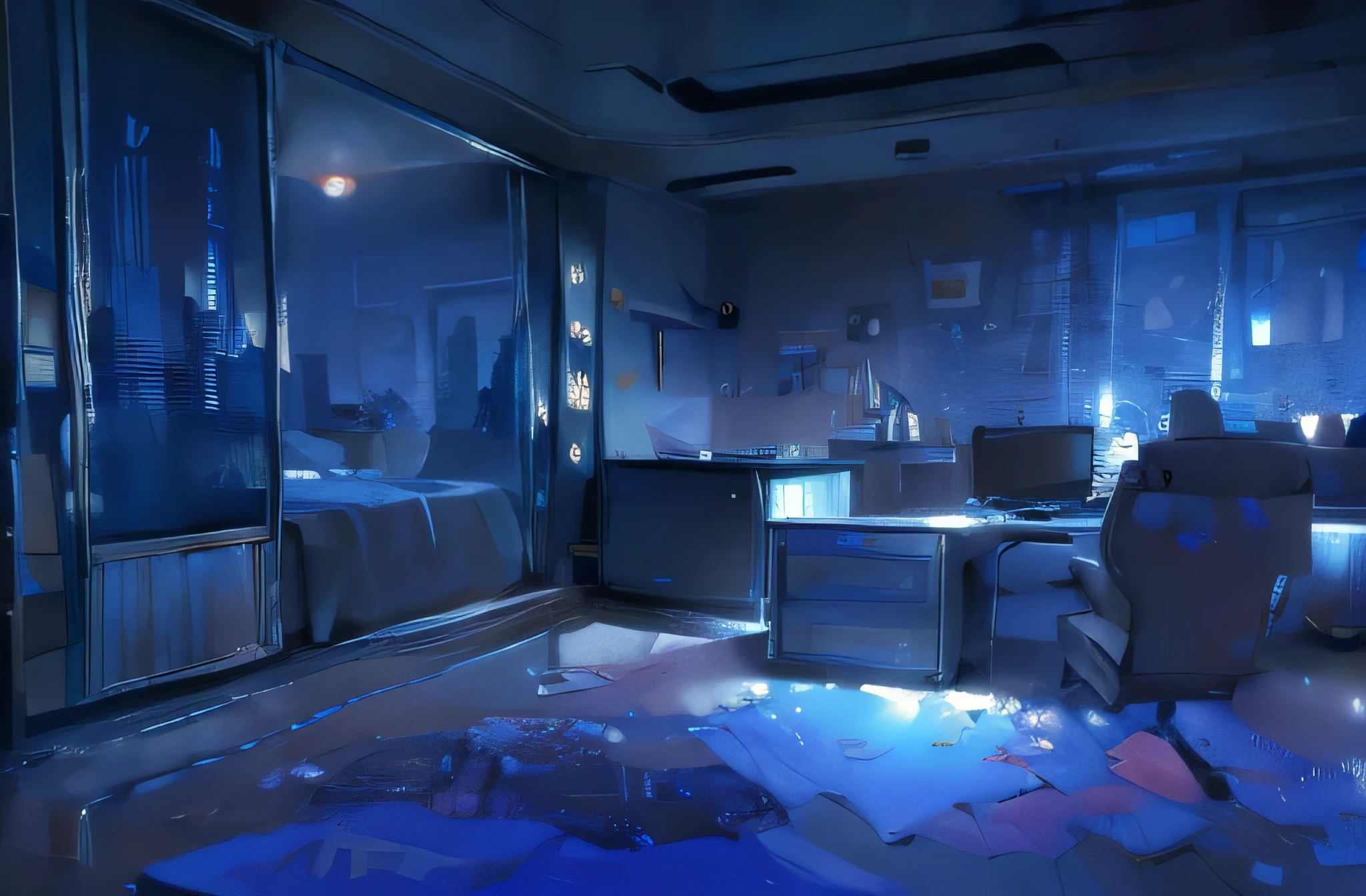 ((best quality)), ((masterpiece)), (detailed) impressionist painting, realistic, background of apartment, bedroom apartment, interior, dark, PC on a desk, blue light screens, night, messy, night, landscape of a dingy apartment at night, dark floor.