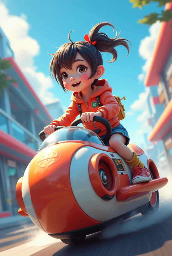 On the way home, a little girl was found in the crowd,With a braid,Take the hula hoop,He is draped with a ribbon trimmed with gold on a red background,Step on the balance bike and sneak out of the movie rendering ultra-clear detail
