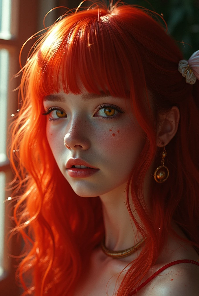 A beautiful woman with curly orange hair, yellow eyes, freckles on her skin, wearing a red
hoodie