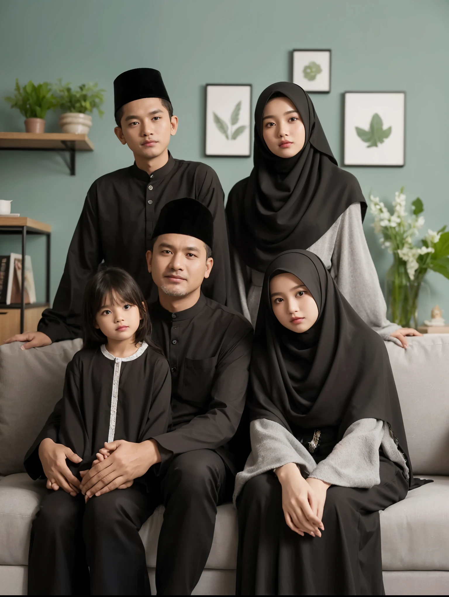 Family photo from Indonesia, with five members, one father aged 35, one chubby mother aged 33, one chubby teenage girl aged 13, and two boys aged 8 and 3. They are all wearing matching Malay-style navy blue Muslim clothes and matching sharia robes. The photo was taken in a bright studio with daylight lighting, green flower vases, realistic, ultra HD, 16k resolution.