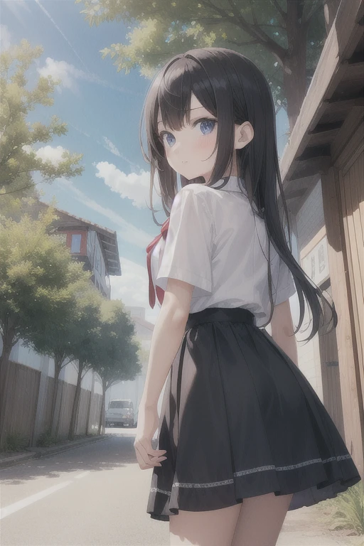 ((masterpiece) (((((Highest quality))))((high resolution))))), Very detailed, Ultra-realistic, Black Hair)、、、City、building、、(、Embarrassed face、、Ass 、Face looking back、From below、((Low - Angle))、Black Skirt、、garden、、Cowboy Shot、Whitepanties))、Long Hair、Wind