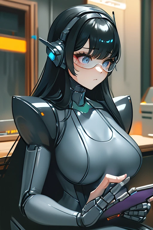 (masterpiece),(Best quality),(Very detailed),(Best illustration),(The best shadow),(It's absurd),(Detailed background),(So beautiful), 16k, 8k, 4K,(The best shadow),Robotization,female ,big breasts,Robot Joint ,Metal skin,Black robot suit,Long hair,Black suit covering the entire body Robot hand,Cyber Bodysuit,Mecca Head,Robotization, Transform into a robot,(Hands and fingers are depicted in detail:1.2),Perfect anatomy,Cybernetic Girl,Sci-Fi Armor,cyborg girl,The wires are connected to the back of the main unit...,No exposed skin,(A face carved like a robot),A neck made of wire,USB port next to the neck