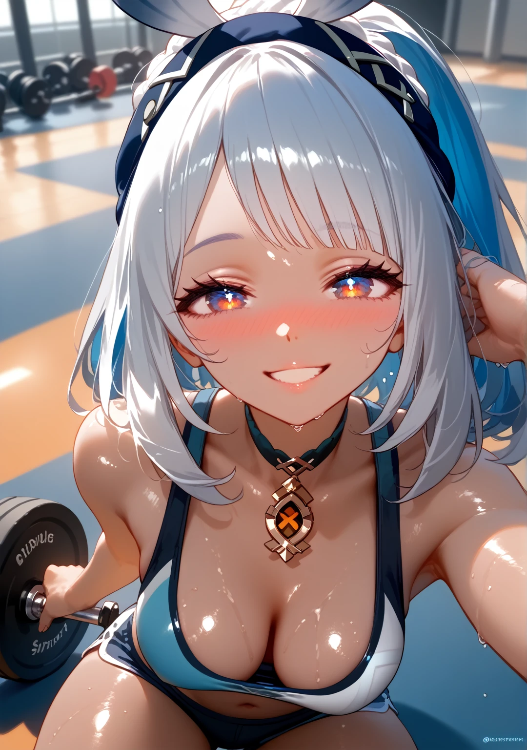 Highest quality, Highest quality, High quality illustrations, masterpiece, Ultra-high resolution, Detailed Background, Absurd, Perfect Anatomy, performance, Good lighting, Shadows in the movies, 1 girl, solo, mualani_\(genshin_impact\), alternate costume, medium breasts, cleavage, navel, wet skin, sports bra, choker, gym shorts, gym, workout, seductive pose, happy smile, grin, full-face blush, half-closed eyes, tilted angle, looking up at viewer, from above, bewitching thighs, gleaming, shiny skin, shiny, two beautiful legs