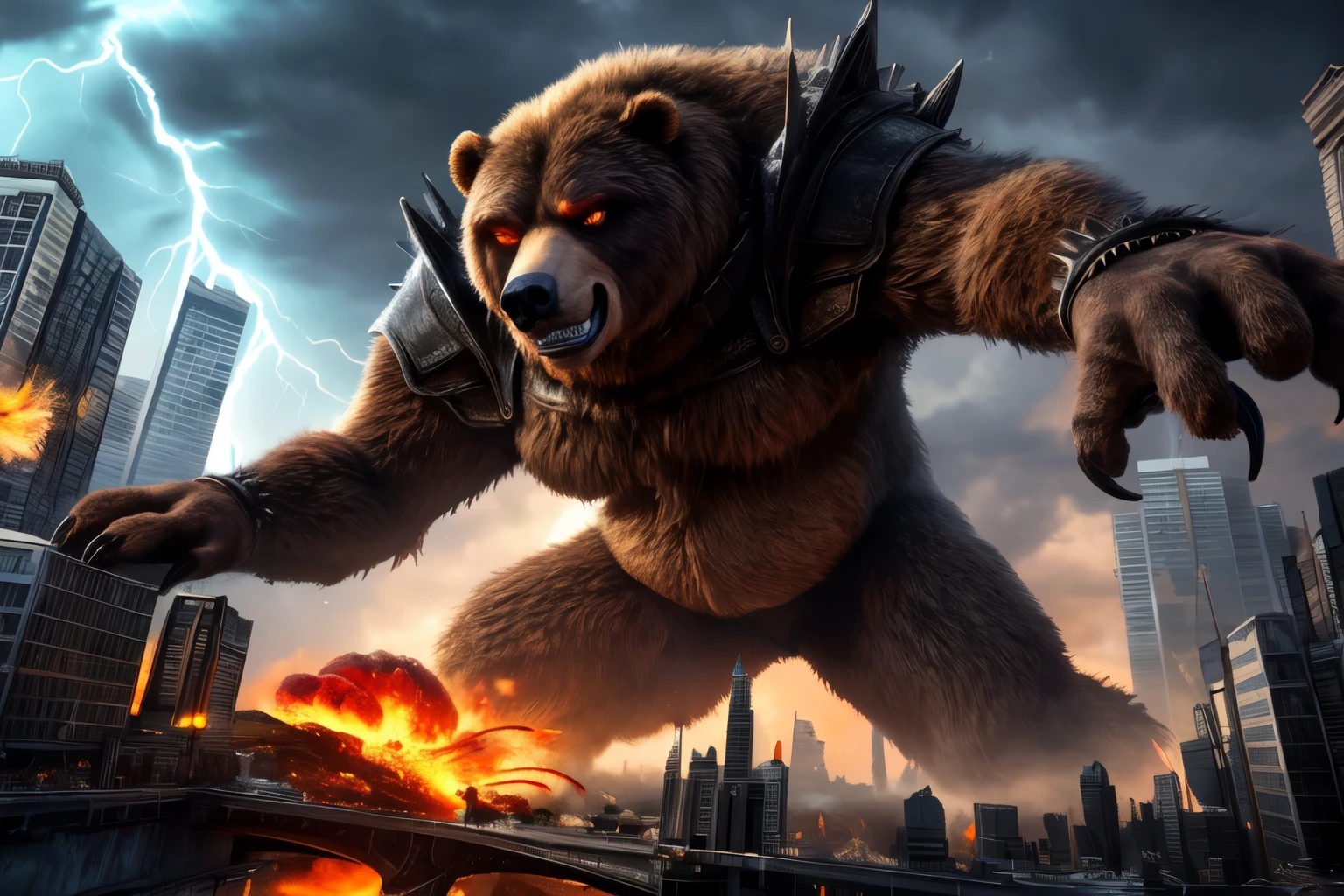 furry, bear, macro, giant, giga, group, outside, detailed background, city, city destruction, fire, explosion, building destruction, crush, punch, punch ground, musclegut:1.5, brown fur, detailed fur, thick eyebrows, white eyebrows, frown, grin, looking at viewer, broad shoulders, big chest, thick arms, thick thighs, white mane, cuisse, armored boots, shoulder armor, spikes, male, plackart, growling, blood, rampage, glowing eyes, extreme size difference, micro, micro abuse, faceless character, leaning forward,
digital drawing (artwork), raytracing, 4K UHD, high detail, vibrant, vivid, artistic, dark fantasy, raytracing, detailed background, realistic, detailed, extremely detailed CG unity 8k wallpaper, unreal engine, realism, beautiful and detailed lightning,