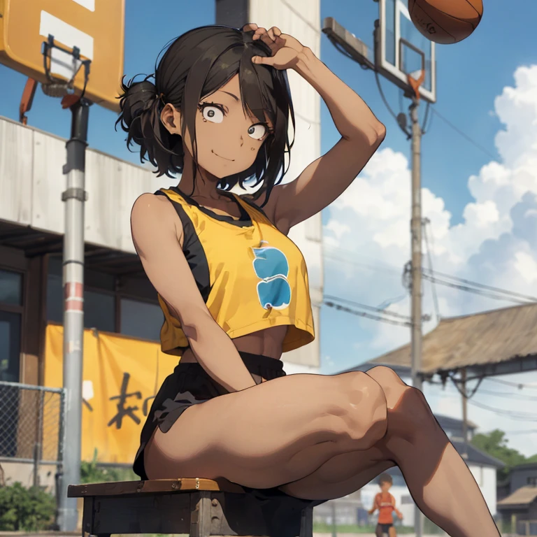 1 female, afro hair, black afro hair black girl afro hair, darker skin, brown skin, huge breast, thick legs, light blue eyes, wearing yellow nba jersey, yellow croptop nba jersey, wearing a low cut croptop, wearing croptop, croptop, golden raito, (winking), shirobako, sitting down, with basketball, Basketball court, ((blurred background: 1.1)), happy face
