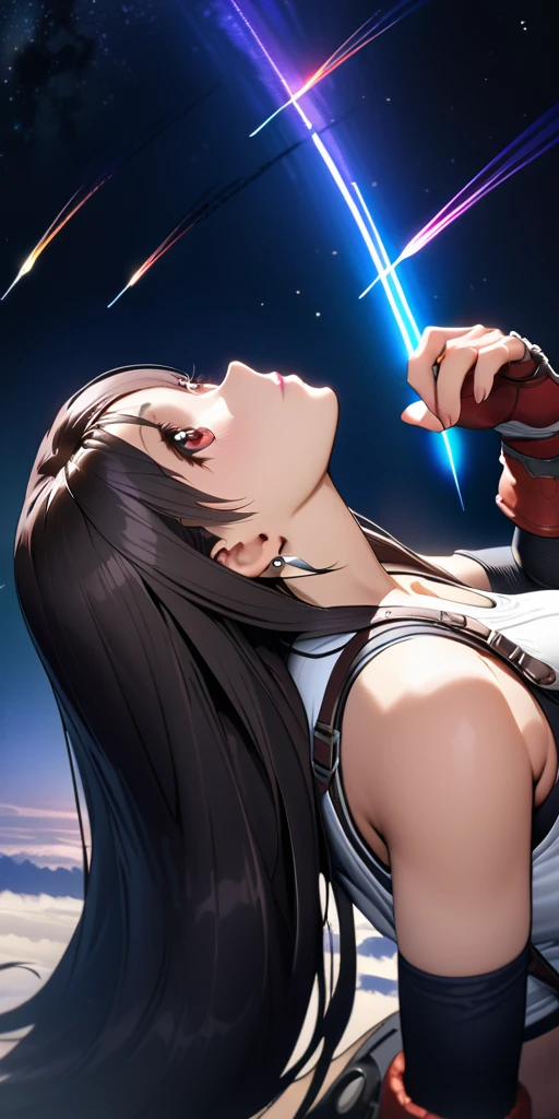 (((((Tifa Lockhart,Final Fantasy 7:1.5))))),((Highest quality、masterpiece、anime style、best quality、high resolution、8k、detailed、ultra-detailed:1.3))、Long legs:1.2, Beautiful woman with perfect figure:1.4、(Smiling:1.2), double eyelid、30-year-old female、((((One Woman,upper body:1.5)))),Big Breasts、High resolution, accurate, Anatomically correct, High-resolution model, high quality, Very detailed, Ultra high definition、Black Hair、Straight Hair、Long Hair、night,(((Super huge shooting star、Rear view、Looking up at the shooting star:1.3)))