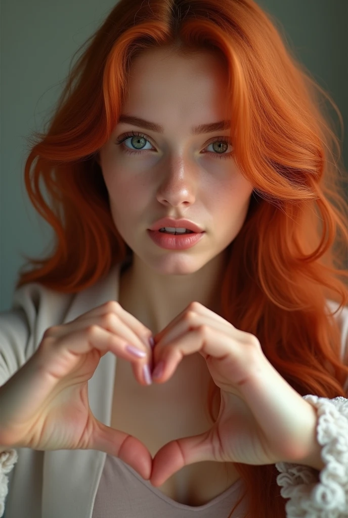 beautiful 20 year old woman, forming a heart with her fingers as gratitude and love, flirtatious look, libidinous lips, (well detailed eyes, light blue color, with crimson red makeup), (beautiful face in golden ratio), medium long wavy reddish hair ), with a low-cut sweater, light blue ripped camping jeans, photo, typography, 3d render