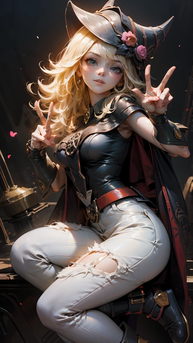 The beautiful dark mage Gils making the peace and love sign with her fingers. She smiles in a sexy pose while making the peace sign with her hands., He smiles and is flirtatious. She is dressed in dark, skinny jeans and heels 