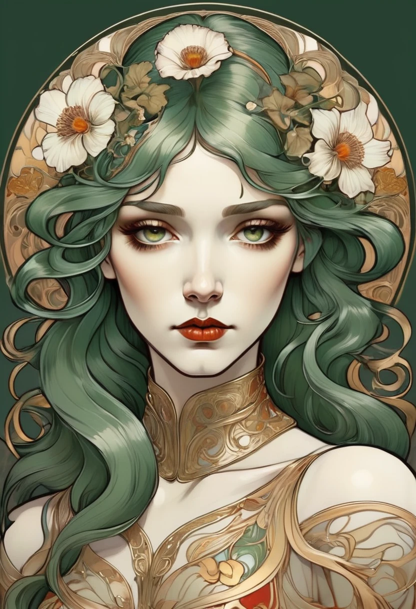 ccxl-mucha, art style, flowers, portrait  Pose and Focus: The drawing would be a close-up of a human face, perhaps a woman or warrior, from a semi-frontal angle. This focus allows for the capture of strong features such as intense expression and striking facial details, while maintaining an intriguing and engaging perspective.
Hair and Neo-Traditional Details: The hair would be worked with striking lines from the neo-traditional style, voluminous and curved, but with fluid touches and elegant curves from Art Nouveau, which would give a natural movement to the drawing. Shading would be applied to the shadows of the hair, creating depth and subtle texture, while maintaining the strength of the graphic style.
Eyes and Expression: The gaze would be the center of the composition, with fine shading details around the eyes, to give depth and intensity to the expression. The character's expression would reflect power or serenity, depending on the subject, whether a woman with a confident posture or a warrior with a determined gaze.
Decorative Elements: Around the head, we could add natural patterns such as leaves, flowers or flowing geometric shapes, inspired by Art Nouveau. These elements would be shaded with a hatch, creating texture without overwhelming the design, maintaining a pleasing visual balance.
Color Palette: Using blackwork for the main areas would provide a powerful contrast, with hatching for shading. Colors could be inserted subtly, such as shades of gold, dark green, or red, highlighting certain details, such as the eyes, lips, or parts of the surrounding decorative elements.