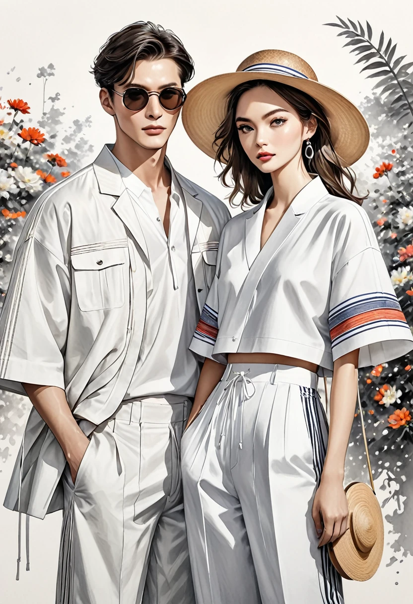 candid fashion illustration of young man and woman, both aged 25, tall and slender, super model, ((showcase fashion in a White cotton outfits)), clothes inspired by Christian Dior's resort collection 2024 in elegant bohemian style with ethnic woven details. The man wears an oversized short-sleeved shirt with stripe woven details, paired with rRelaxed Fit Cotton Drawstring Pants, semi bugle, He completes his look with sneakers, round sunglasses, hat, The woman complements him in a white Lenin outfit with stripe details, Yukata jacket, Her ensemble includes an accessorizes with a wide-brimmed straw hat, white sneakers. Captured in a ((full-body pose)), ((simple water-color on white paper background)), realistic pencil lines, imperfect drawing, charcoal lines detail, fading sketch, fashion Sketching, shape and focus.