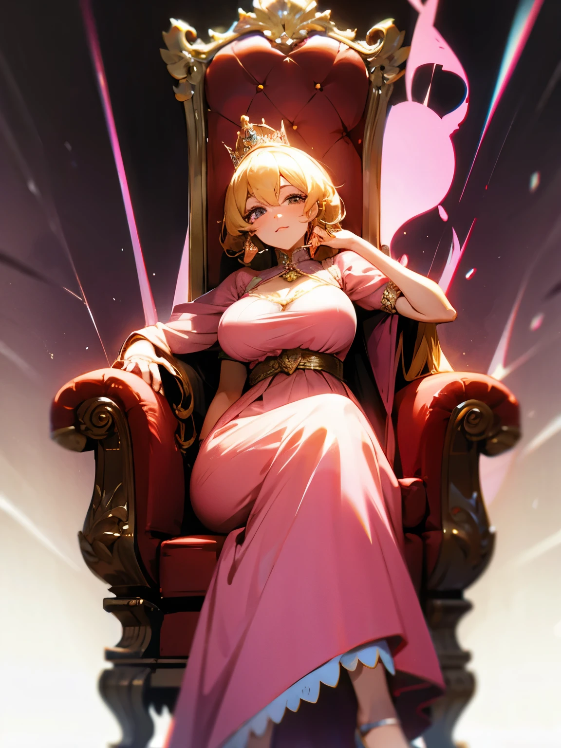 Princesa Peach, sitting on her throne, thoads around, pink dress, big breasts, imposing face, good lighting
