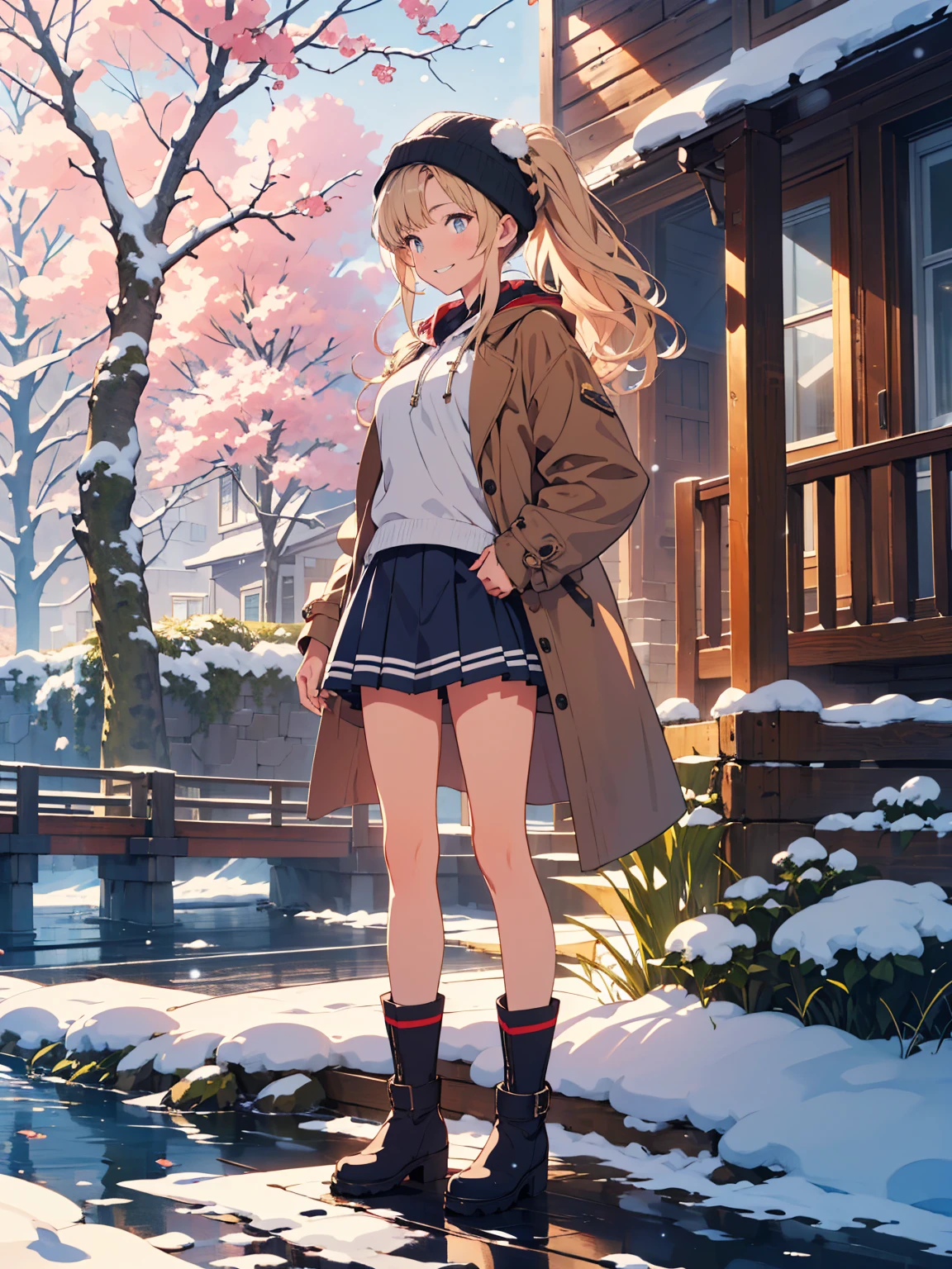 ( masterpiece), best quality, expressive eyes, perfect face, highres, moody angle, medium breast, full body, solo, Buoyant Smile, 1girl, zetadef, twintails, Fleece-lined hoodie, Leggings, Snow boots, Knit beanie, Cozy and warm, Snowy winter landscape, Checked mini skirt, background, ( Riverside Street, tranquil river, lush trees, dappled sunlight, historic buildings, charming cafes, outdoor seating, picturesque bridge) outdoor, snow, standing, 