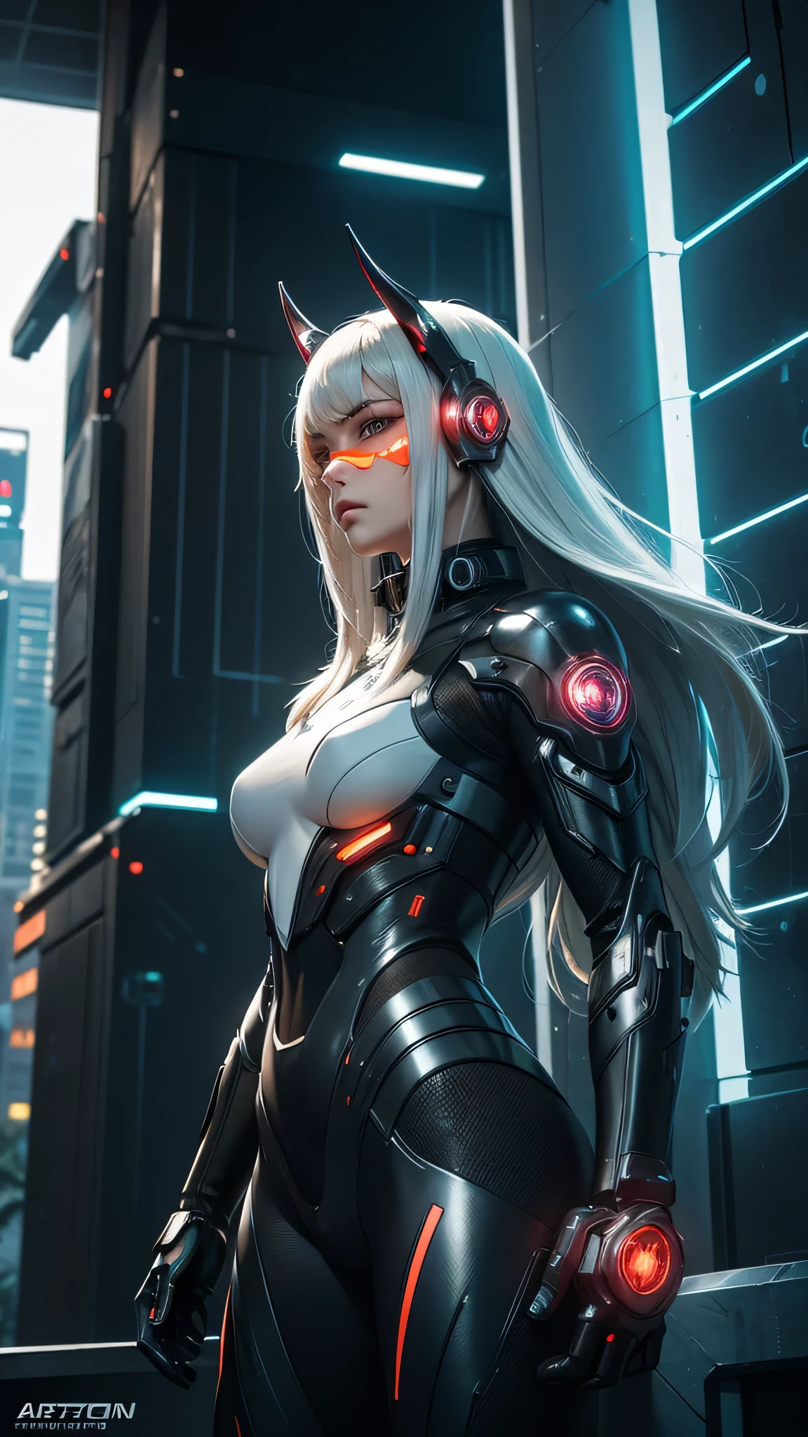 1girl, a beautiful girl cyborg cyberpunk with a cyberpunk city tall buildings, white hair, cybermask, white and orange and black machine suit color combination, the body full of machine, realistic futuristic hologram, asian skin tone, beautiful eye, beautiful asian face, cyber ear machine, suits is solid mecha, realistic machine, sci fi scape, manipulation is a masterpiece, long hair, masterpiece, suit of cyberpunk, realistic sci fi building texture mecha aestethic, digital cyberpunk, looming over a city, cyber technology, realistic hair, lots of hair, white of hair, realistic metal solid texture of building, realistic neon glow, realistic neon sign, wonderful side lighting, realistic futuristic cyberpunk building, realistic girl robot cyberpunk, fog, foogy, masterpiece of detail, RAW IMAGE, depth of field, point of interes, depth of field is masterpiece, best photography composition masterpiece, natural realistic hair, rule of third masterpiece photography, natural lighting, photography masterpiece natural lighting from side, realistic skin texture, strong reflection, ( pose pinterest) masterpiece beautiful, Devil Horns, smooth pixel, ray of light, soft light, small breasts, mastepiece of cyber mask, masterpiece fantasy gun, carry a fantasy weapon, weapon fantasy (artstation)