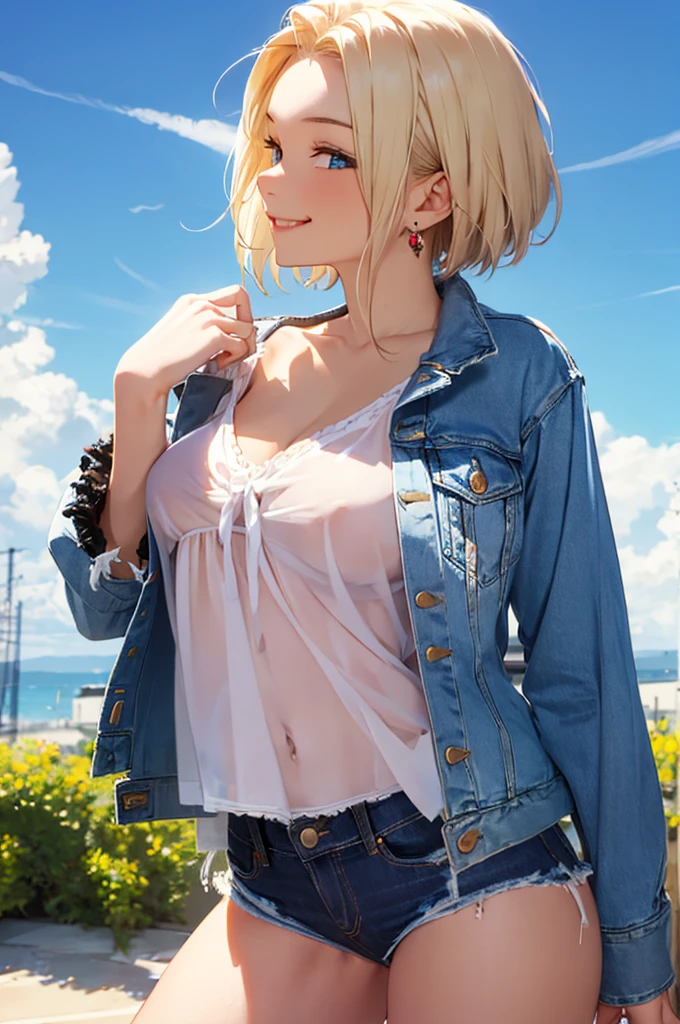 1girl, solo, blonde hair, blue eyes, short hair, jewelry, earrings, smile, jacket, looking to the side, denim, denim jacket, upper body, lingerie, closed mouth, cloud, sky, day, looking away, blue sky, collarbone, jenya.d