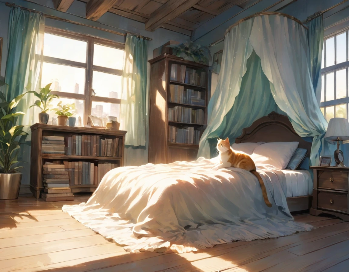 ((Best Quality))、((excellent))、(detailed)、8k、「The woman overslept.、Cozy morning scene in a sunny bedroom。She lay wrapped in a soft blanket、When I wake up, I stretch out leisurely.。The alarm clock is still ringing on the bedside table.。A fluffy cat is curled up and stretching at her feet.。The sunlight filtering through the curtains casts a soft shadow on the bed.。The room has soft colors、Wooden floor、Warmly decorated with shelves full of books and plants。」Conceptual Art、jpeg artifacts、First Person View、Ultra-high resolution、Anatomically correct、Attention to detail、非常にdetailed