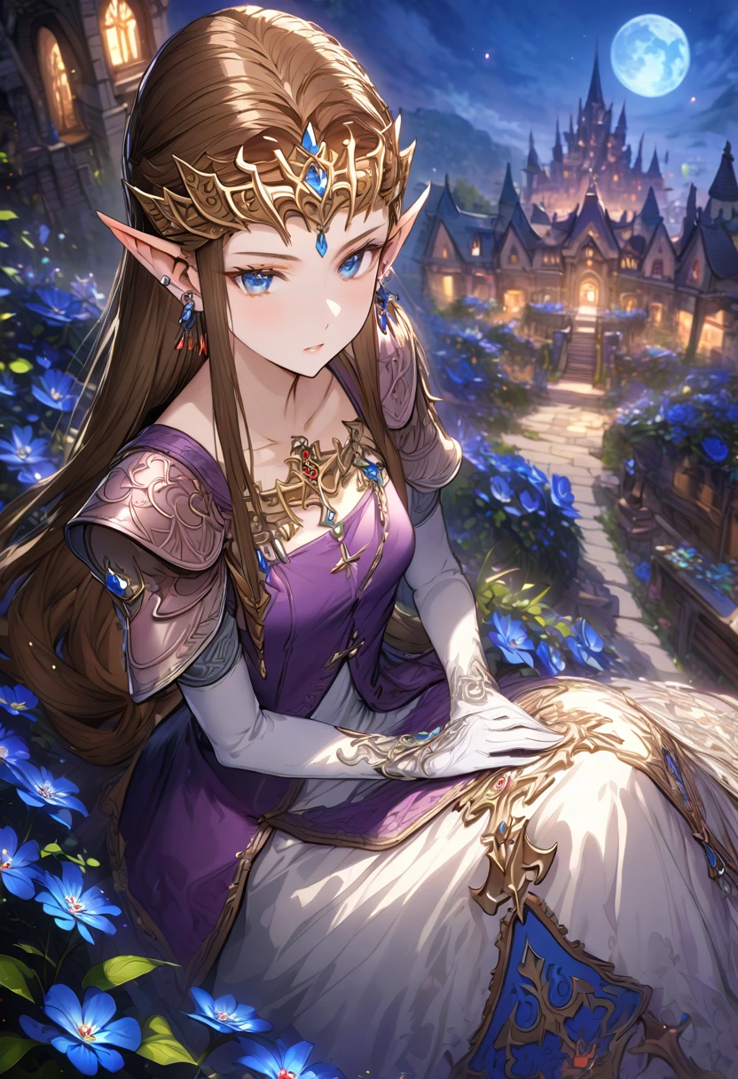 absurdres, highres, ultra detailed, HDR, master piece, best quality, extremely detailed, detailed face, Princess Zelda, dark brown hair, long hair, expressive blue eyes, The Legend Of Zelda Twilight Princess, solo, woman, beautiful, sitting, earrings, purple vest, white dress, sleeveless, long white gloves, garden, blue flowers, blue butteflies, fantasy, magical, blue moon, castle