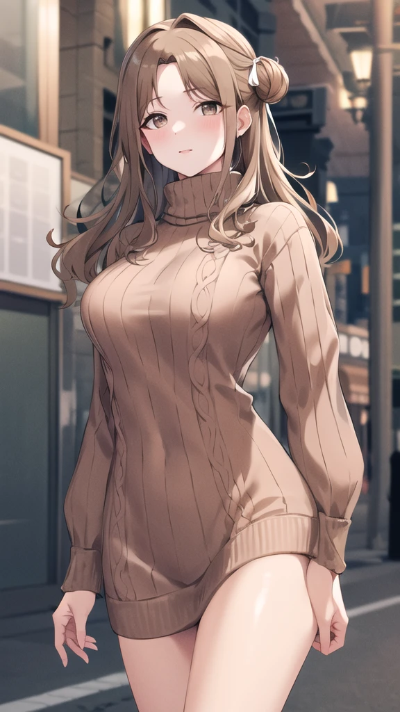 masterpiece, best quality, highres, hmhinana, long hair, single side bun, hair ribbon, cowboy shot, walking, street, turtleneck, virgin killer sweater, ribbed sweater, long sleeves,