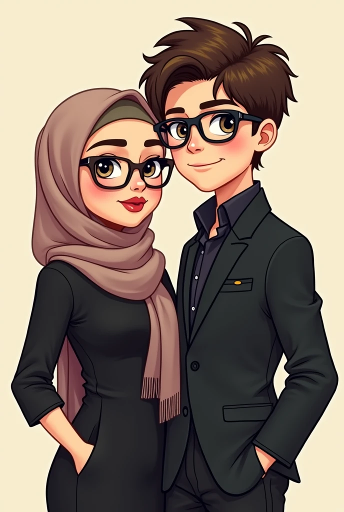 there are two women taking a studio photo. the woman on the left is sitting on a white block stand wearing a black hijab, a navy vertical striped shirt, and black pants with her right leg crossed over her left leg. and wearing white framed sunglasses with black glass in a pose hugging the woman next to her from the side
and the woman on her right is sitting on a white block shorter than the woman on her left, wearing a black hijab, black overall pants and a white shirt with black stripes, wearing sunglasses with a pose showing her teeth
change in cartoon animation