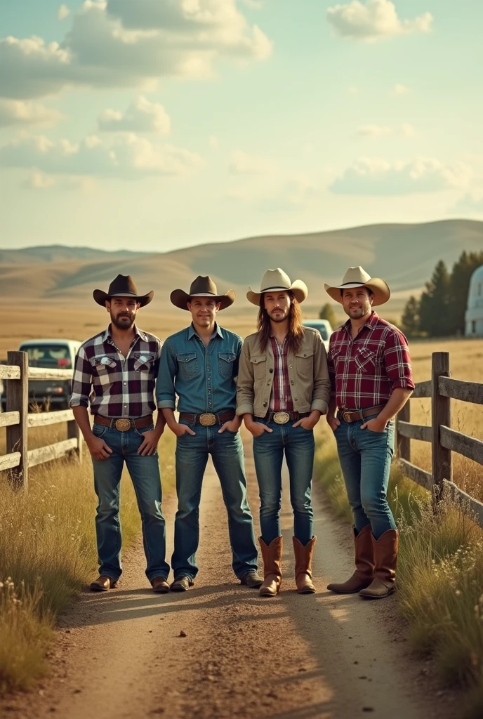  5 cowboy men working on a horse farm some shirtless and one wearing striped shirt