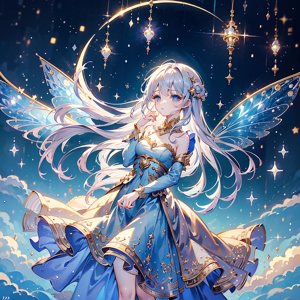 1fairy,Highly detailed face、(((Best Quality、Masterpiece、Official Art、Super detailed、32K、Full HD、CG、High definition)))、The best composition、Golden Ratio、Dramatic lighting、Best lighting、Crescent Moon、star、流star群、star空、starの妖精、Milky white hair、Absurd、Fantasy、Diamond decoration、cute、Romantic atmosphere、Long eyelashes、Mysterious、Fairy wings growing from her waist、cute笑顔、