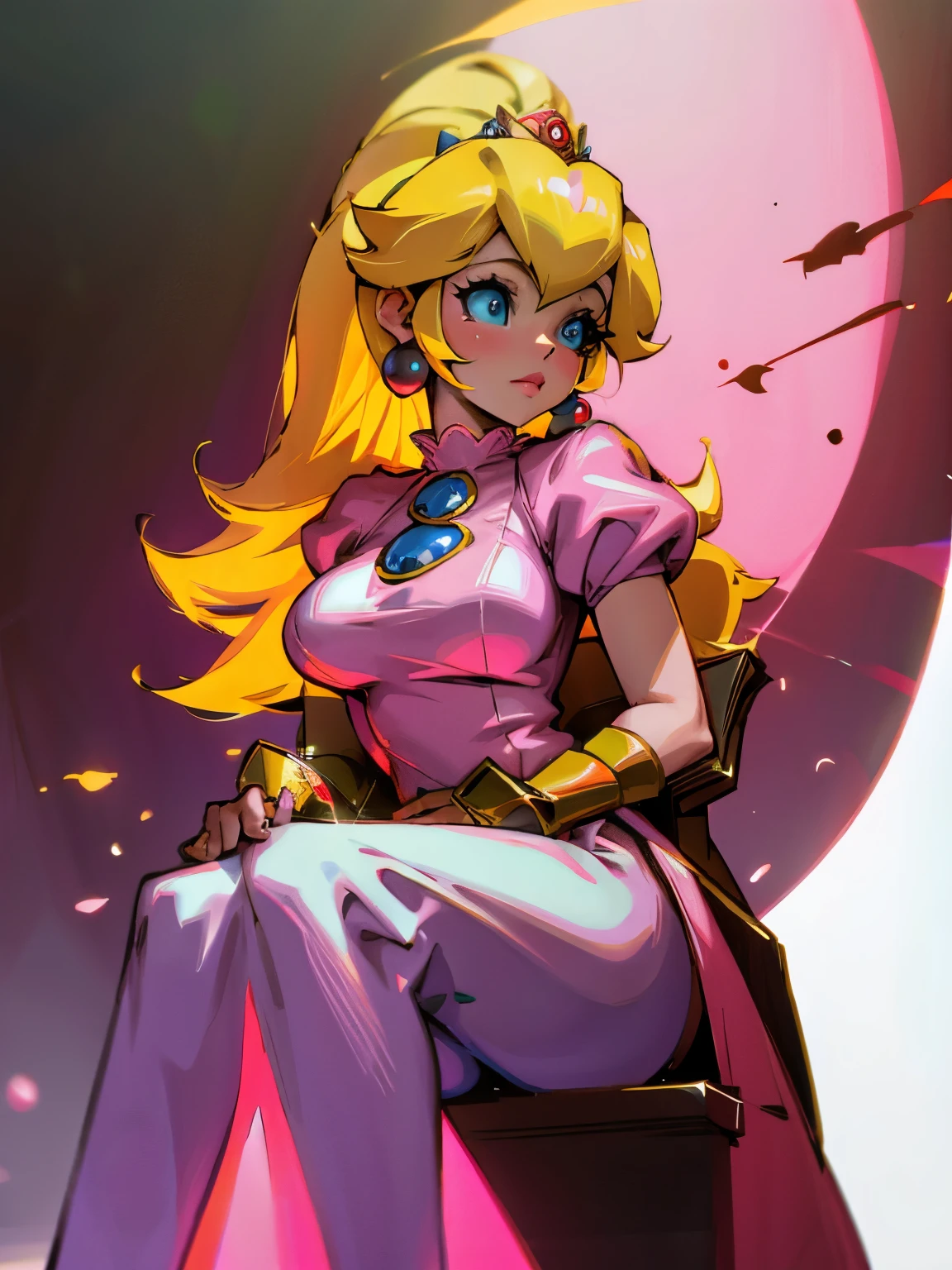 Princesa Peach, sitting on her throne, thoads around, pink dress, big breasts, imposing face, good lighting
