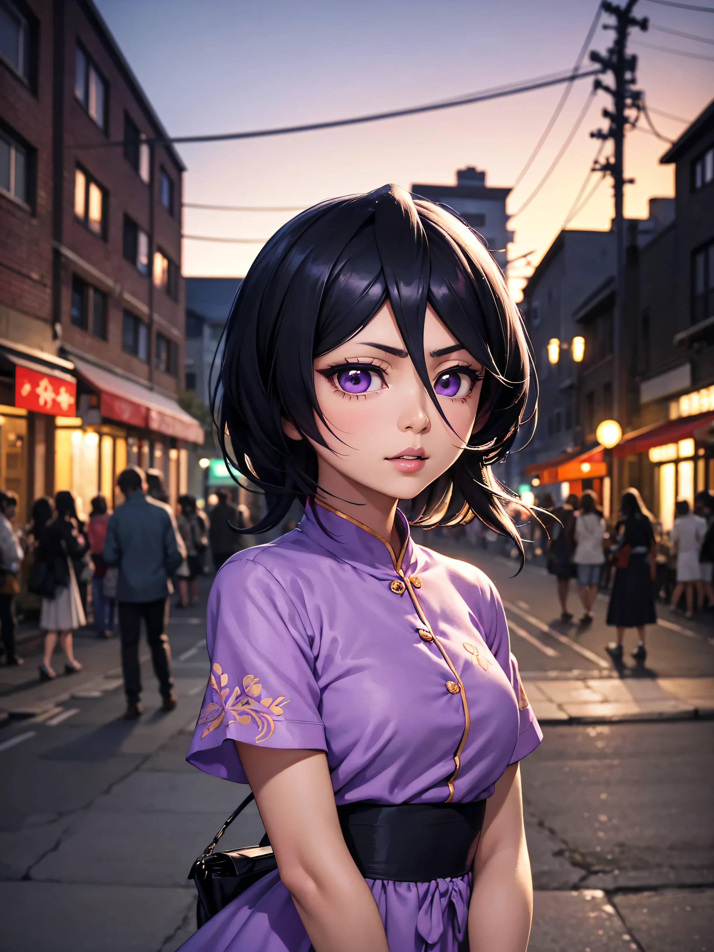 best quality, work of art, Image resolution 1080p, work of art altamente detalhado, detailed face, detailed body, detailed background, saturated colors. Rukia kuchiki a beautiful happy girl, with short black hair and purple eyes, wearing a blue dress wearing pink lipstick on her lips, alone in a city at night.
