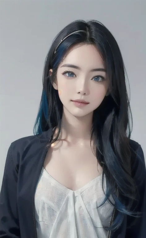 (masterpiece:1.4, Best Quality), (intricate details), unity 8k wallpaper, Very detailed, beautifully、Midea, Perfect lighting, (One person), (Blue Hair, blue eye, Medium Chest),, Dynamic pose, Dynamic Angle,  lipstick, slim, slim body, Medium Chest, , Detailed Background, Realistic, One personで, Perfectly detailed face, detailed eye, Very detailed, , Hair accessories, rolling_eye, squint,