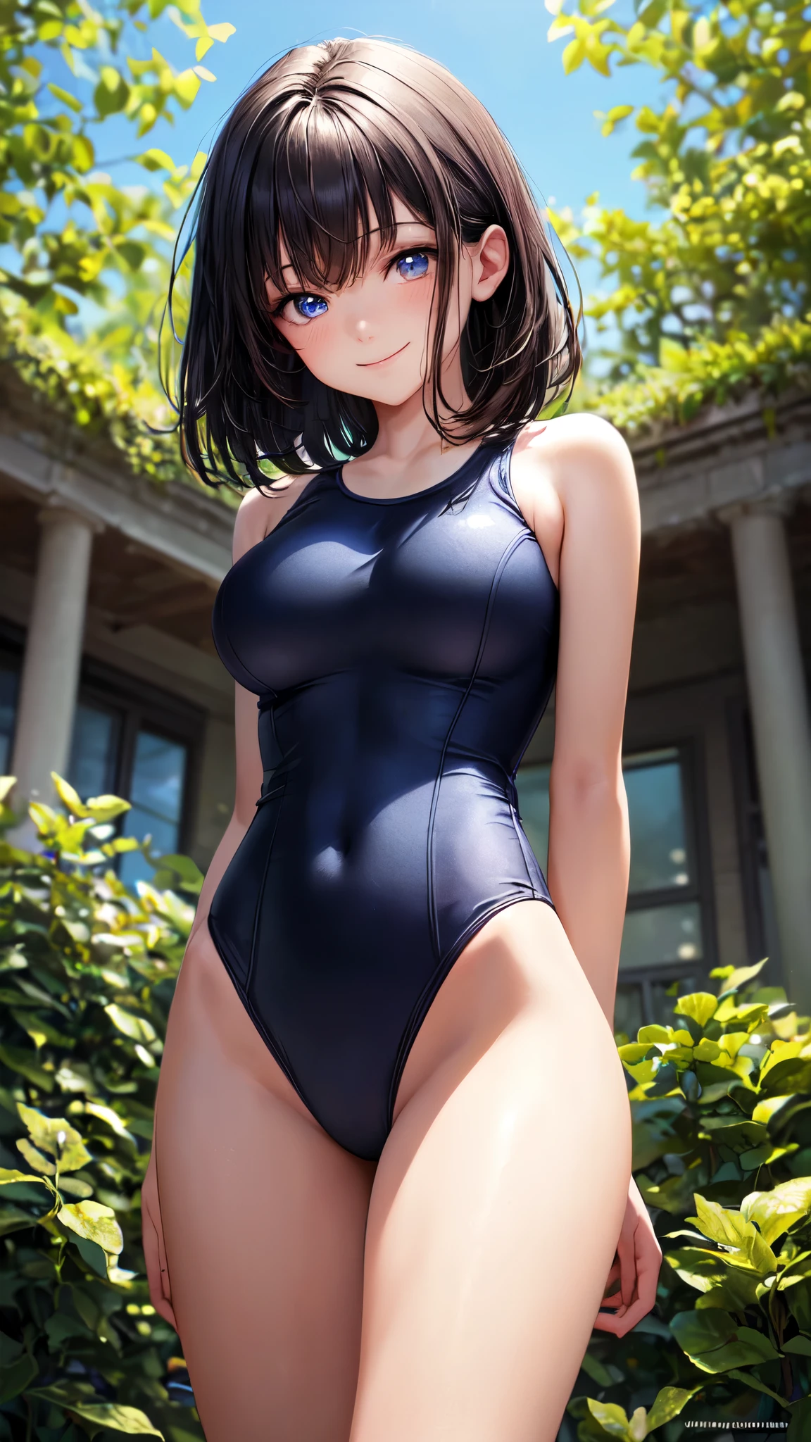 4K, Masterpiece, Best Quality, Anime, Illustration, Black Hair Straight Hair, 1girl, Watch Viewer, Big, High  Student, Bi Swimsuit, Pool, Three-Dimensional