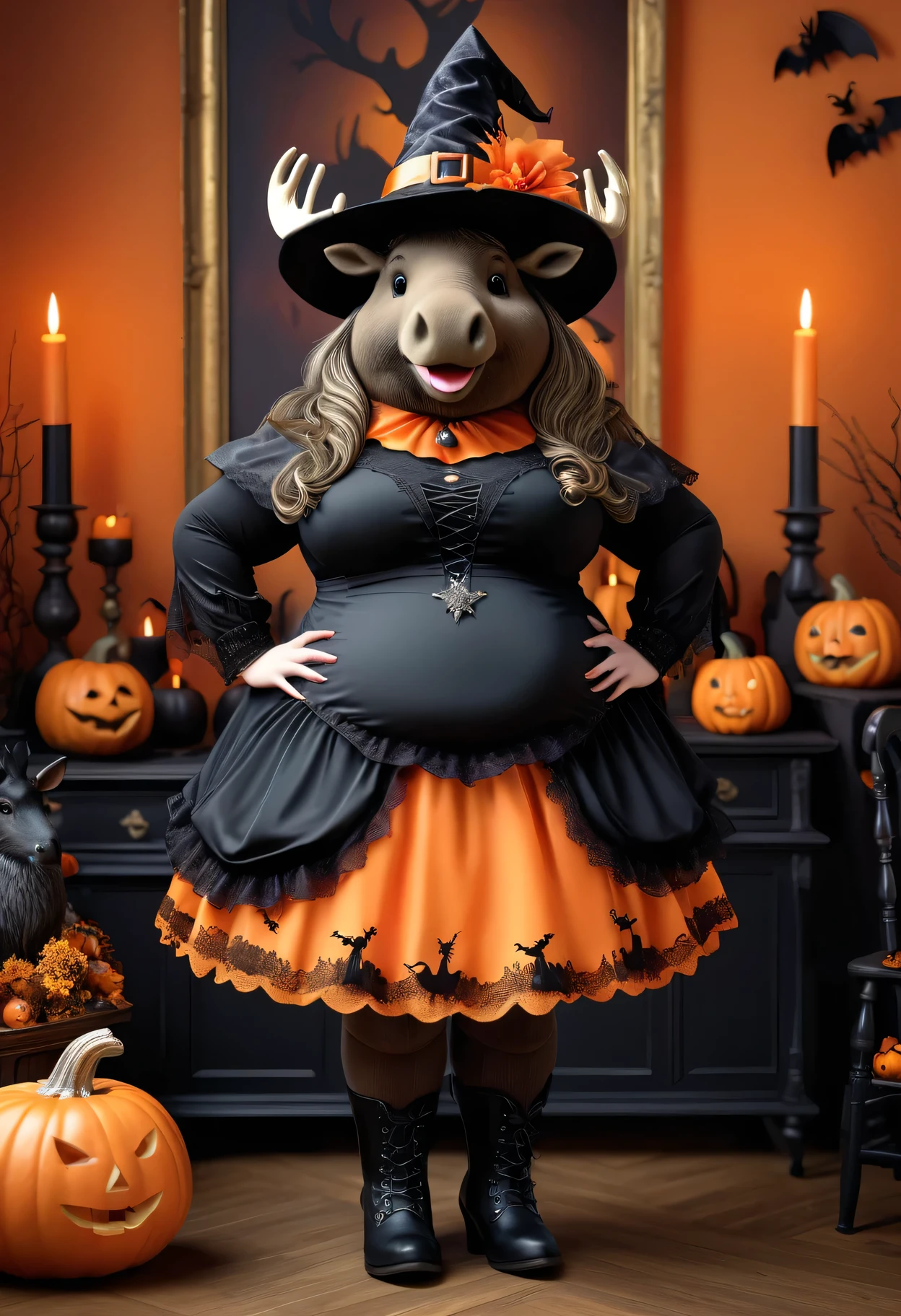 best quality, ultra high res, (photorealistic:1.4), 1girl,Witch dress custome, witch hat,(huge breasts), (huge pregnant), ((puffy eyes)),looking at viewer,happy,magical girl, home, in front of door, halloween, perfect pregnant belly, beautiful belly