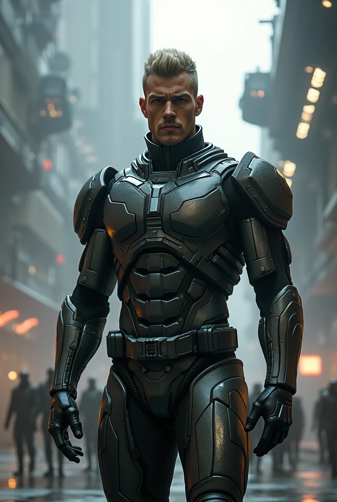  Full body photorealistic handsome hunky masculine Legion red haired Lightning Lad,,unreal engine, extremely attractive male wearing navy blue  and yellow scales transparent mesh bodysuit, with belt and gloves and ,,,extremely masculine physique, intricately detailed metal body armour, super bulge, realistic skin, in action, Future city as background